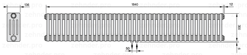 Схема (чертеж) Радиатор Zehnder Charleston 4030/40 №5410 Белый глянцевый RAL 9016